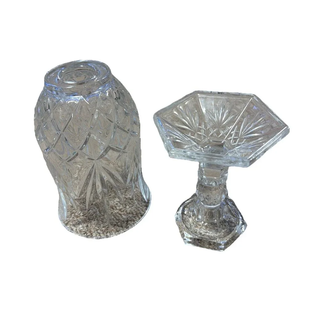 Crystal Hurricane Lamp Globe Candle Holder 2 piece Godinger Shannon Lexington